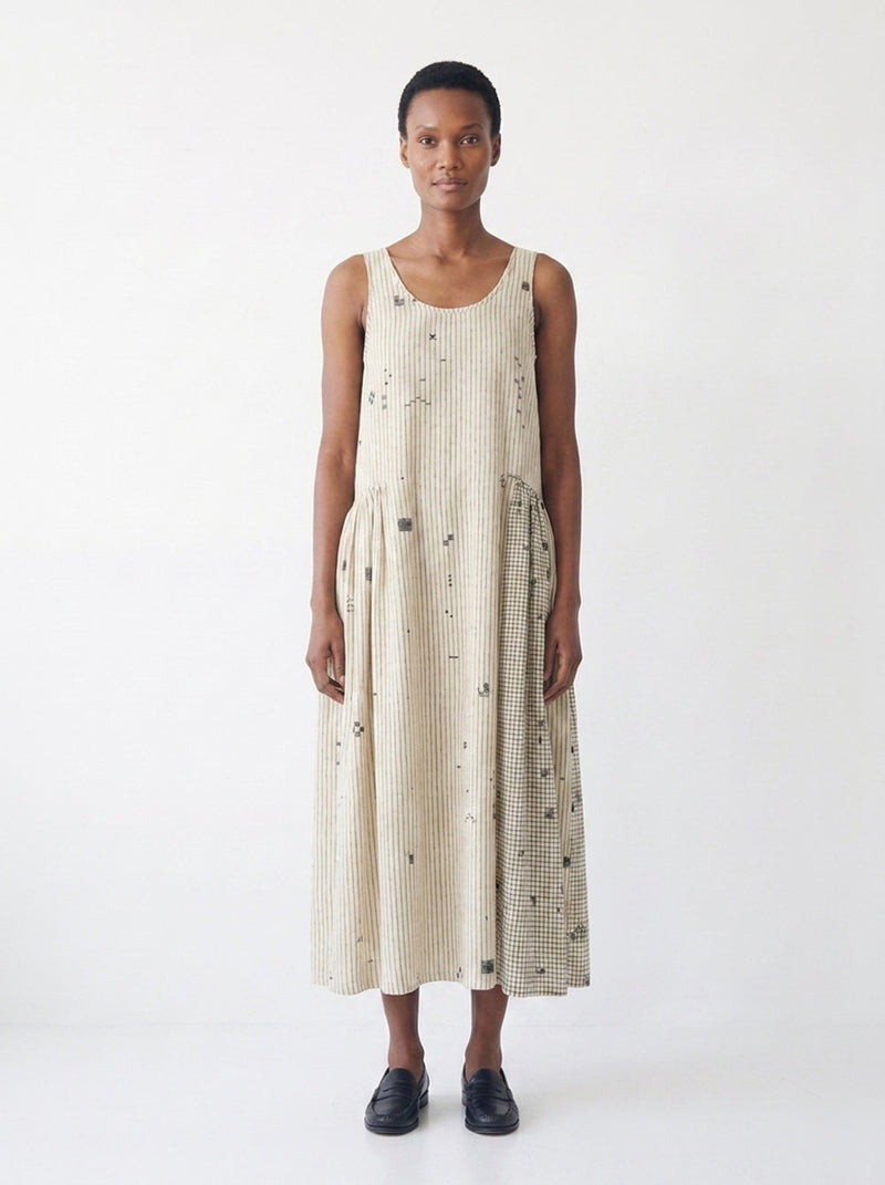 Desert Rhythm Midi Dress-Fine stripe cotton jamdani dress by World of Crow in white for women in Singapore