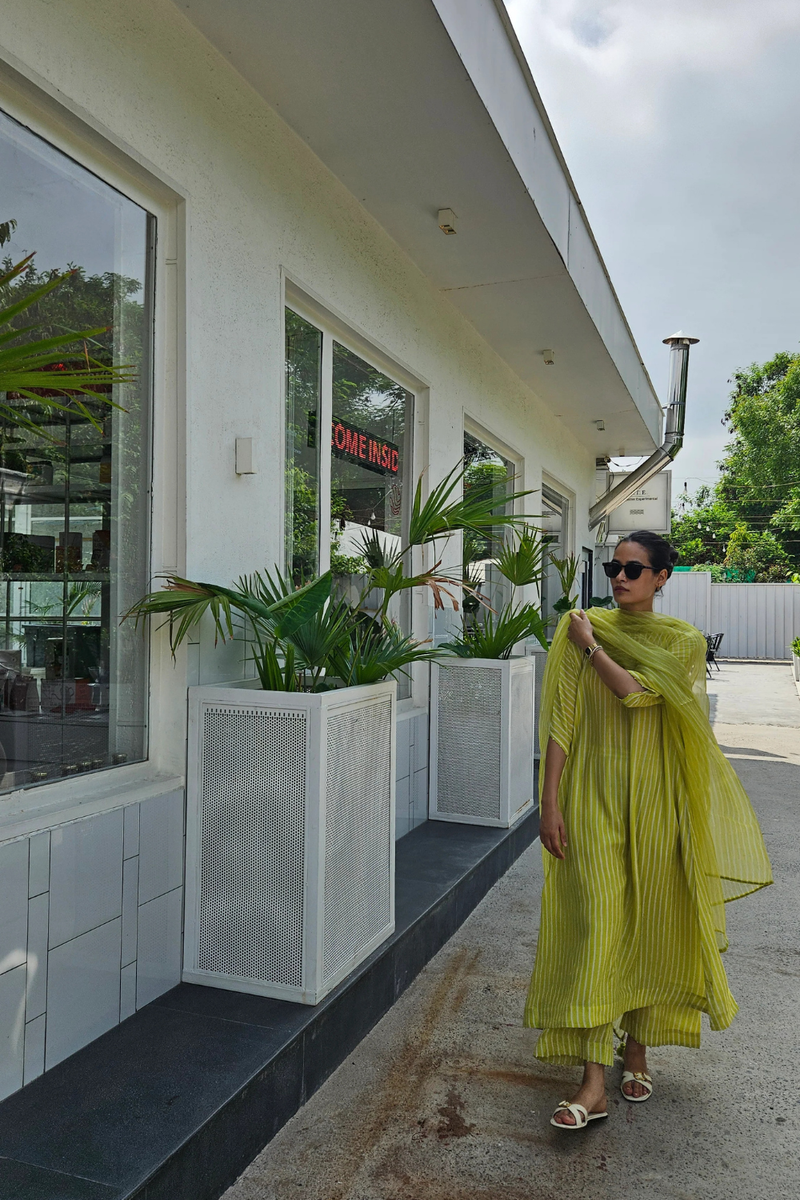 Dhaari kurta pants and Dupatta cotton silk light kurta set by DOT in lime and ivory stripe for women in Singapore