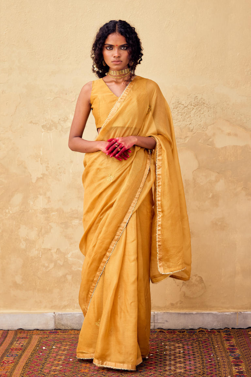 Dhoop Saree with Blouse piece silk by Khara Kapas in mustard for women in Singapore
