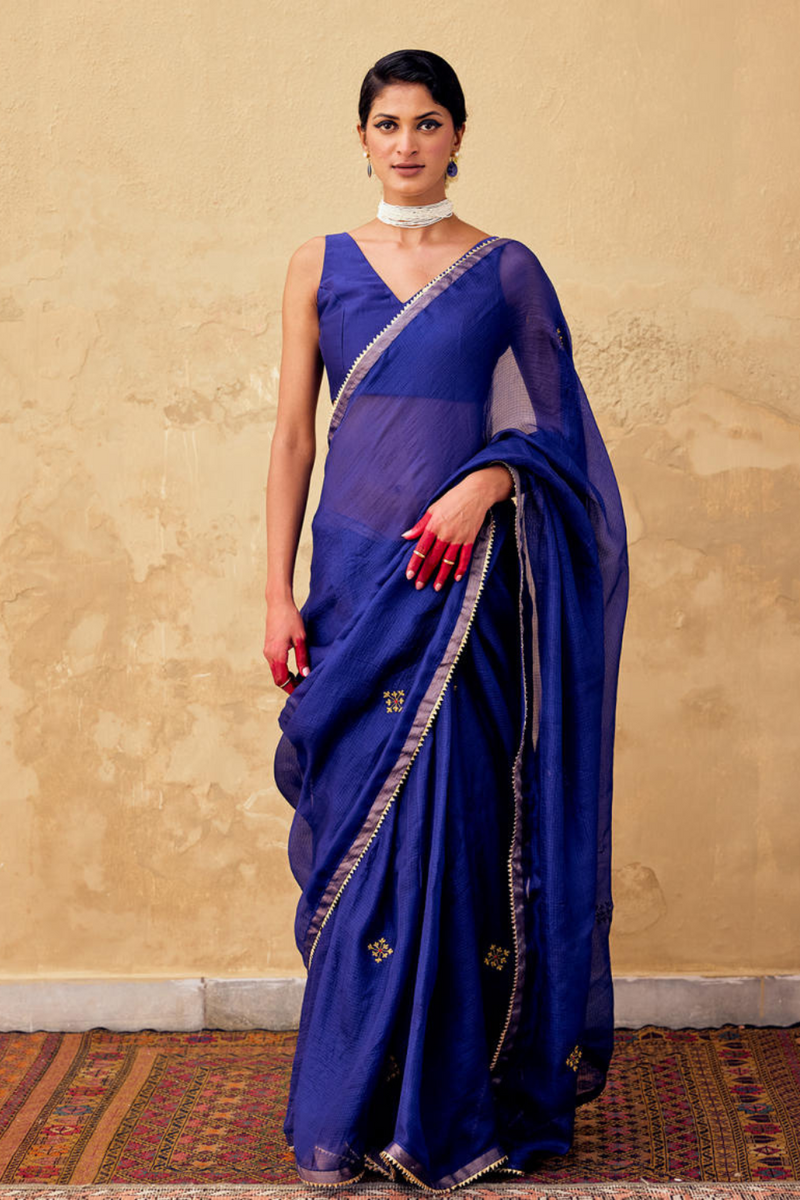Dilruba Saree with Blouse piece silk by Khara Kapas in blue for women in Singapore