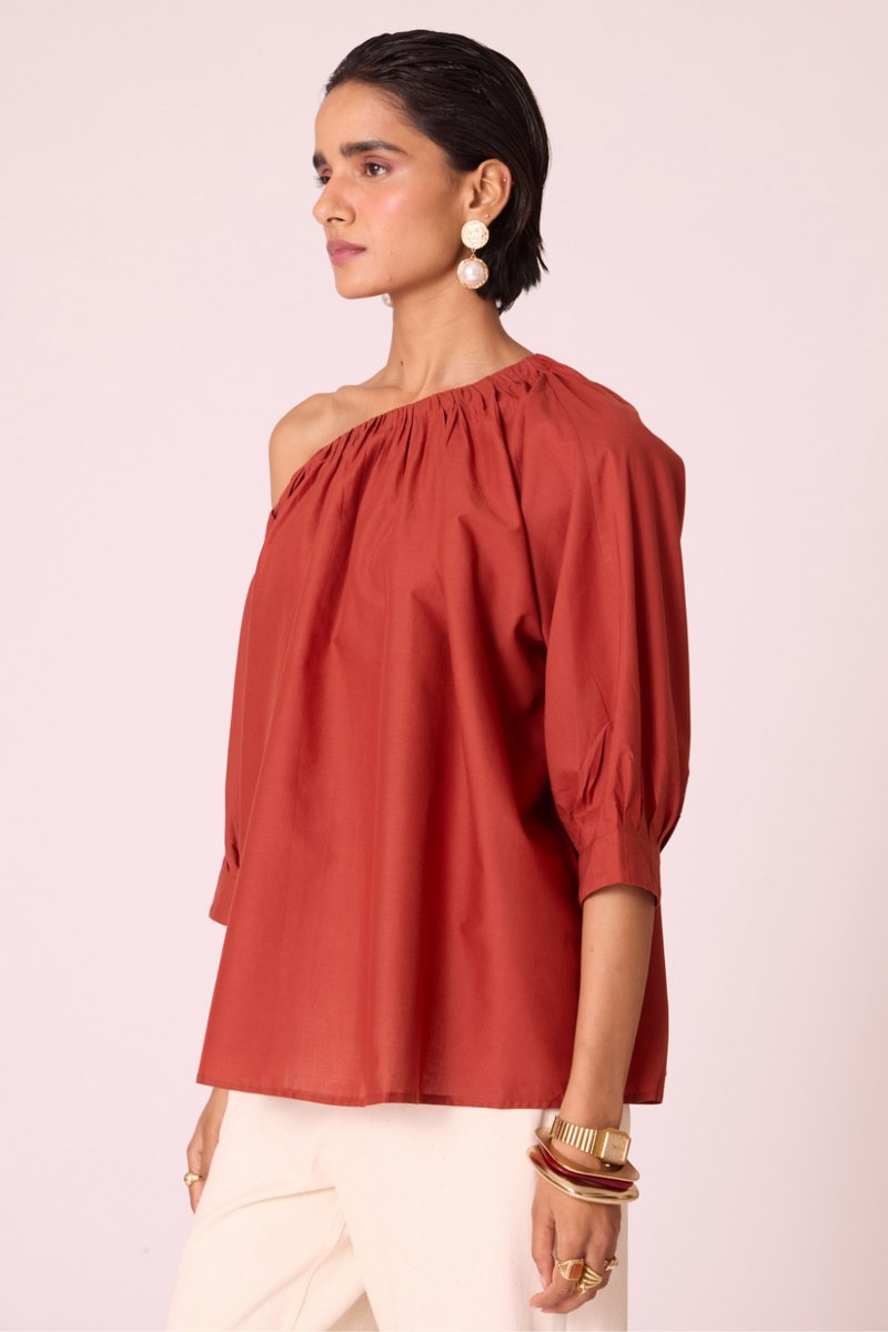 Dina Rust Off Shoulder Top cotton by The Summer House in rust color for women in Singapore