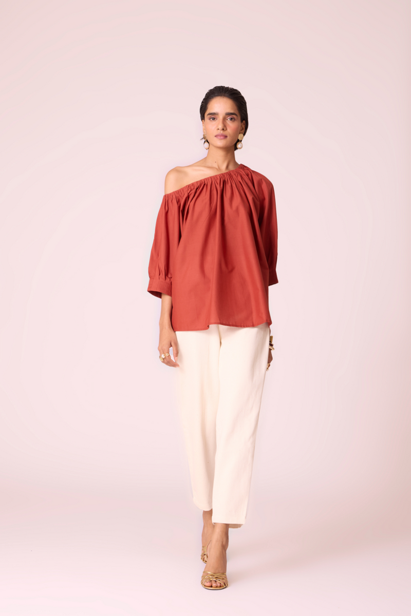 Dina Rust Off Shoulder Top cotton by The Summer House in rust color for women in Singapore