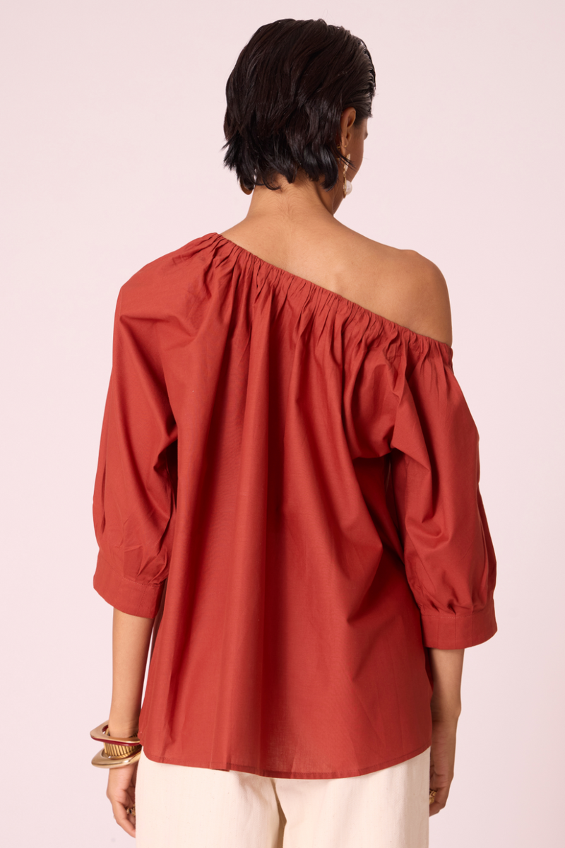 Dina Rust Off Shoulder Top cotton by The Summer House in rust color for women in Singapore