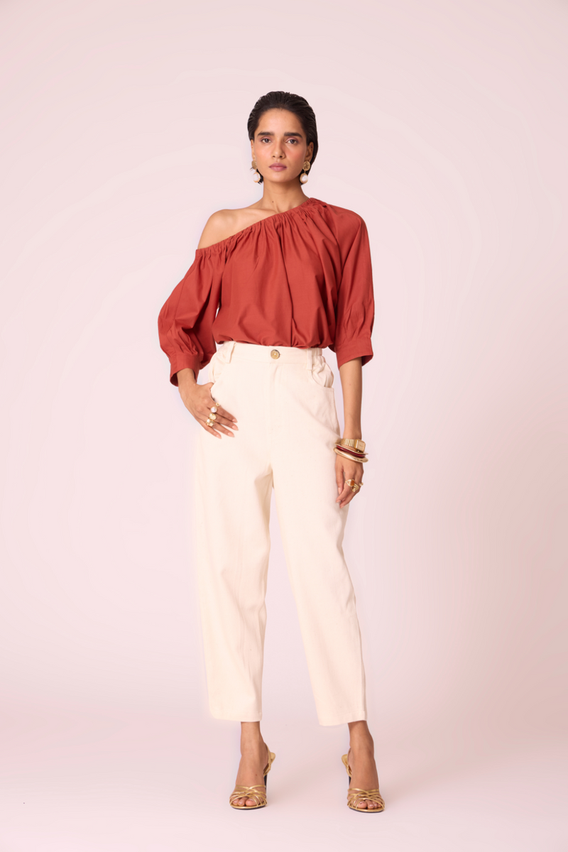 Dina Rust Off Shoulder Top cotton by The Summer House in rust color for women in Singapore