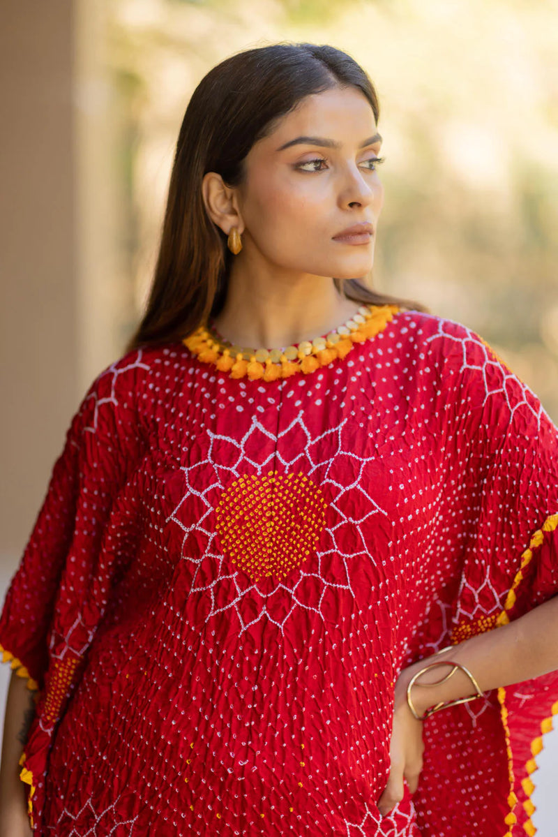 VALLEY OF FLOWERS KAFTAN-RED silk by Dyelogue in red color for women in Singapore