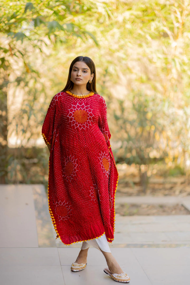 VALLEY OF FLOWERS KAFTAN-RED silk by Dyelogue in red color for women in Singapore