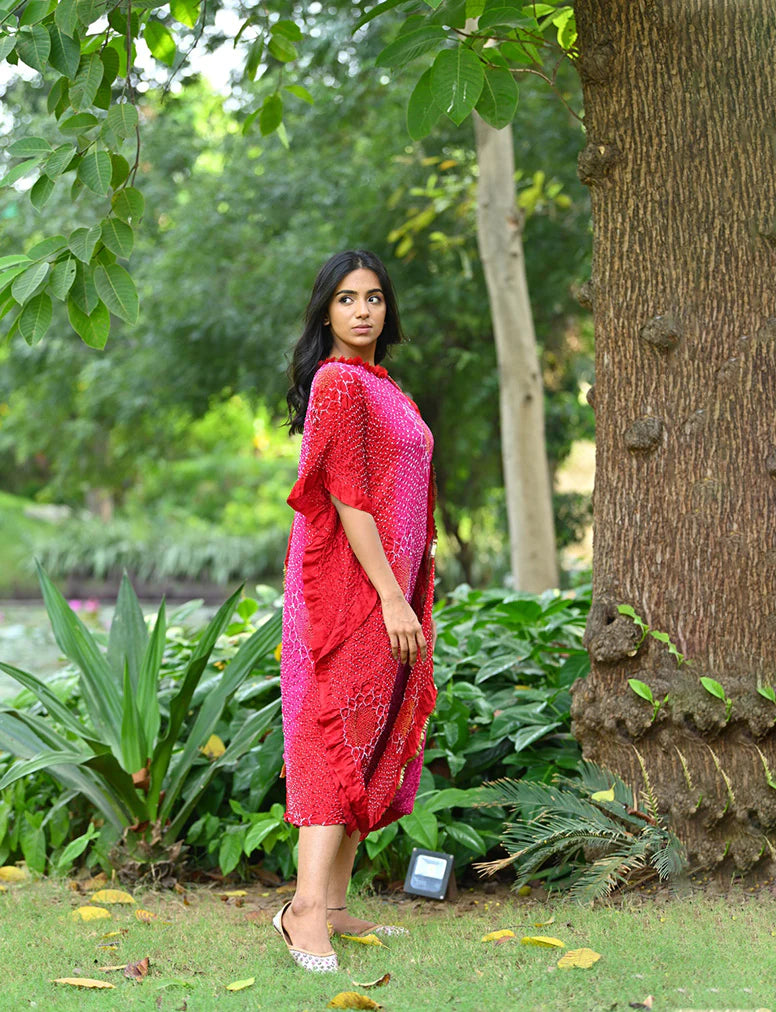 DRAPE DRESS - VALLEY OF FLOWERS-PINK RED SHADED silk by Dyelogue in pink color for women in Singapore