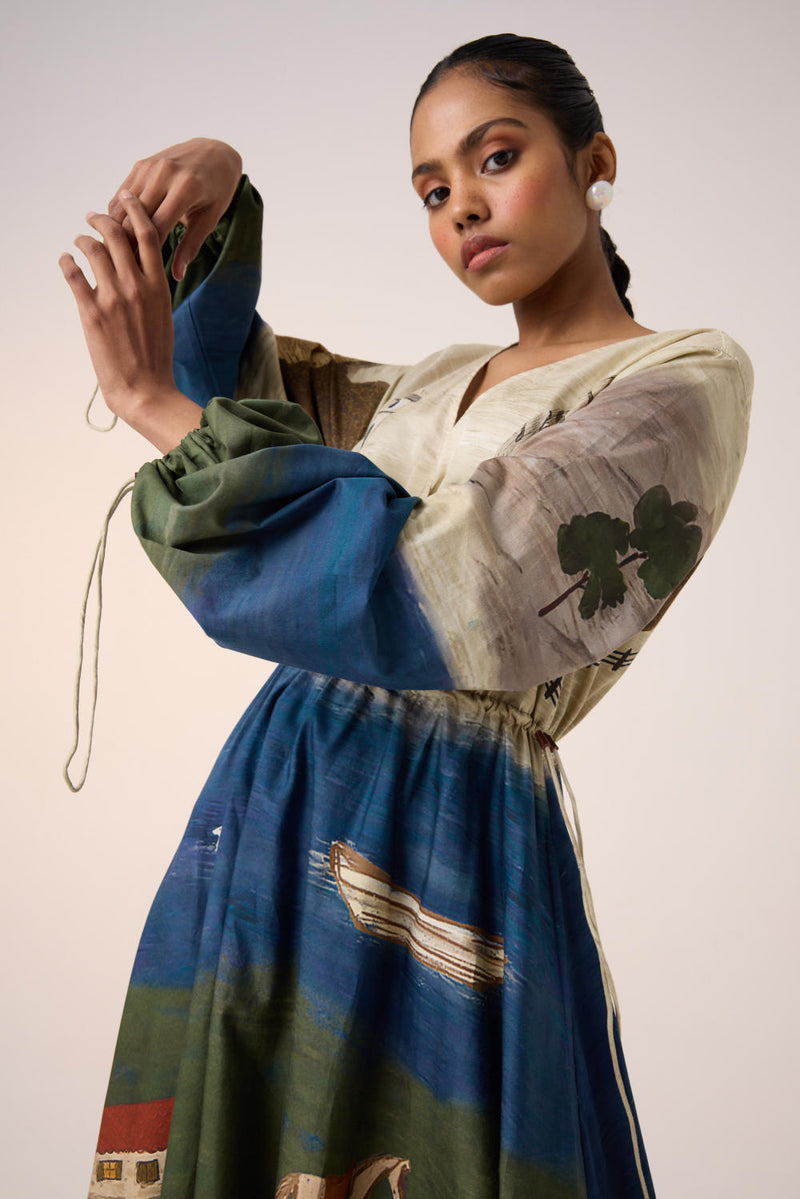 DRAWSTRING DRESS -VILLAGE PRINT cotton by CORD for women in Singapore
