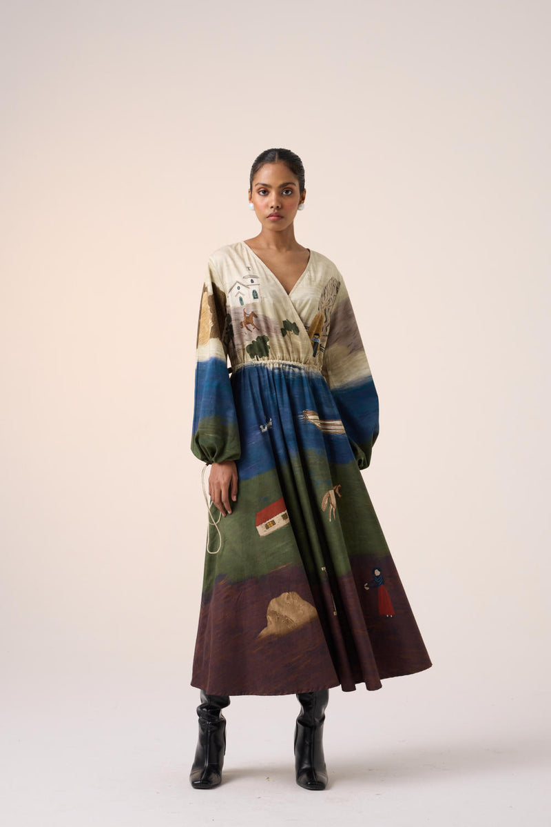 DRAWSTRING DRESS -VILLAGE PRINT cotton by CORD for women in Singapore
