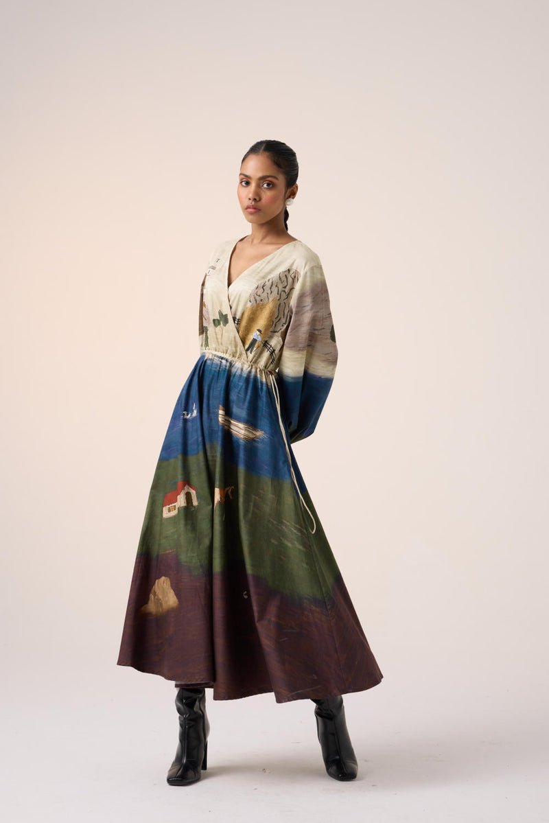 DRAWSTRING DRESS -VILLAGE PRINT cotton by CORD for women in Singapore