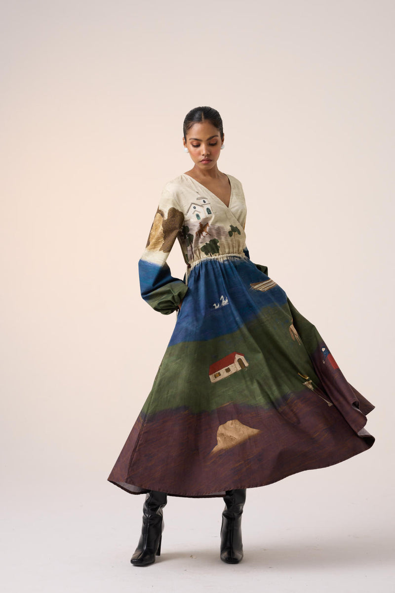 DRAWSTRING DRESS -VILLAGE PRINT cotton by CORD for women in Singapore