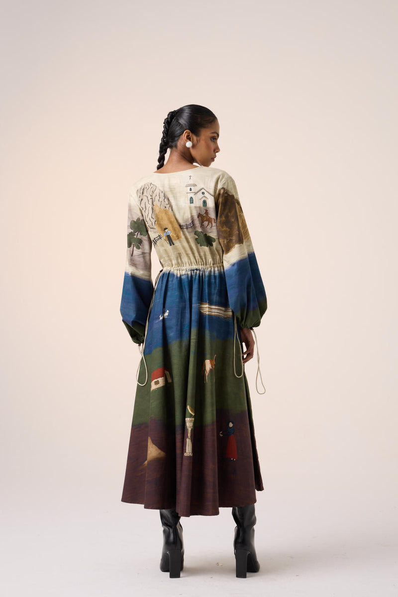 DRAWSTRING DRESS -VILLAGE PRINT cotton by CORD for women in Singapore