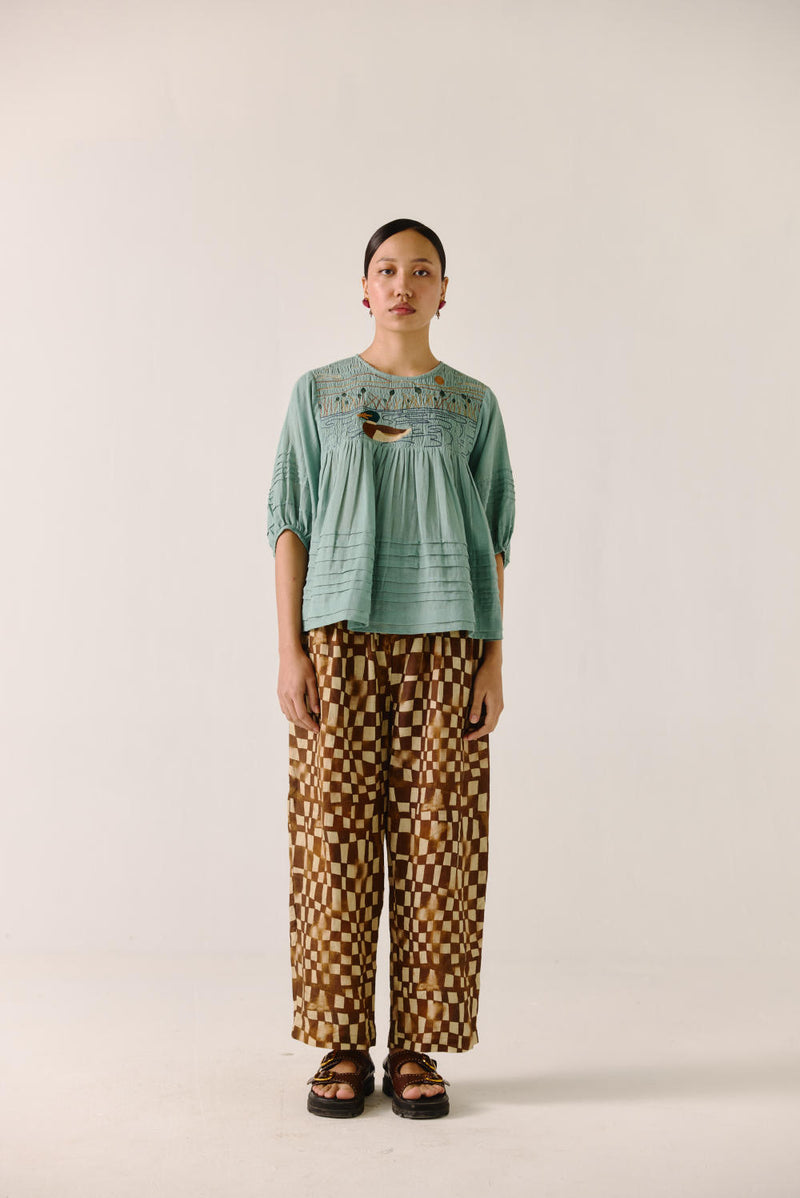 Drawstring Pant-Brown Checks linen by CORD for women in Singapore