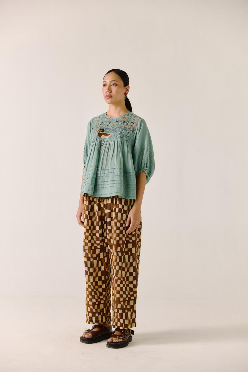 Drawstring Pant-Brown Checks linen by CORD for women in Singapore