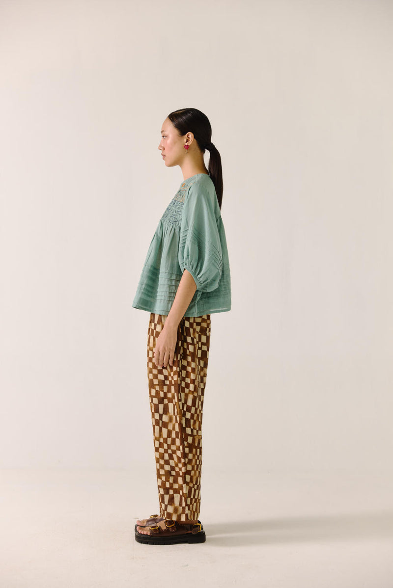 Drawstring Pant-Brown Checks linen by CORD for women in Singapore