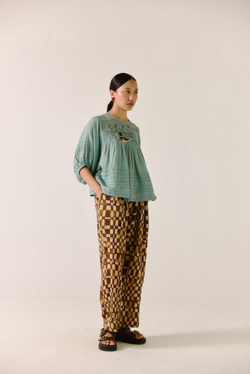 Drawstring Pant-Brown Checks linen by CORD for women in Singapore