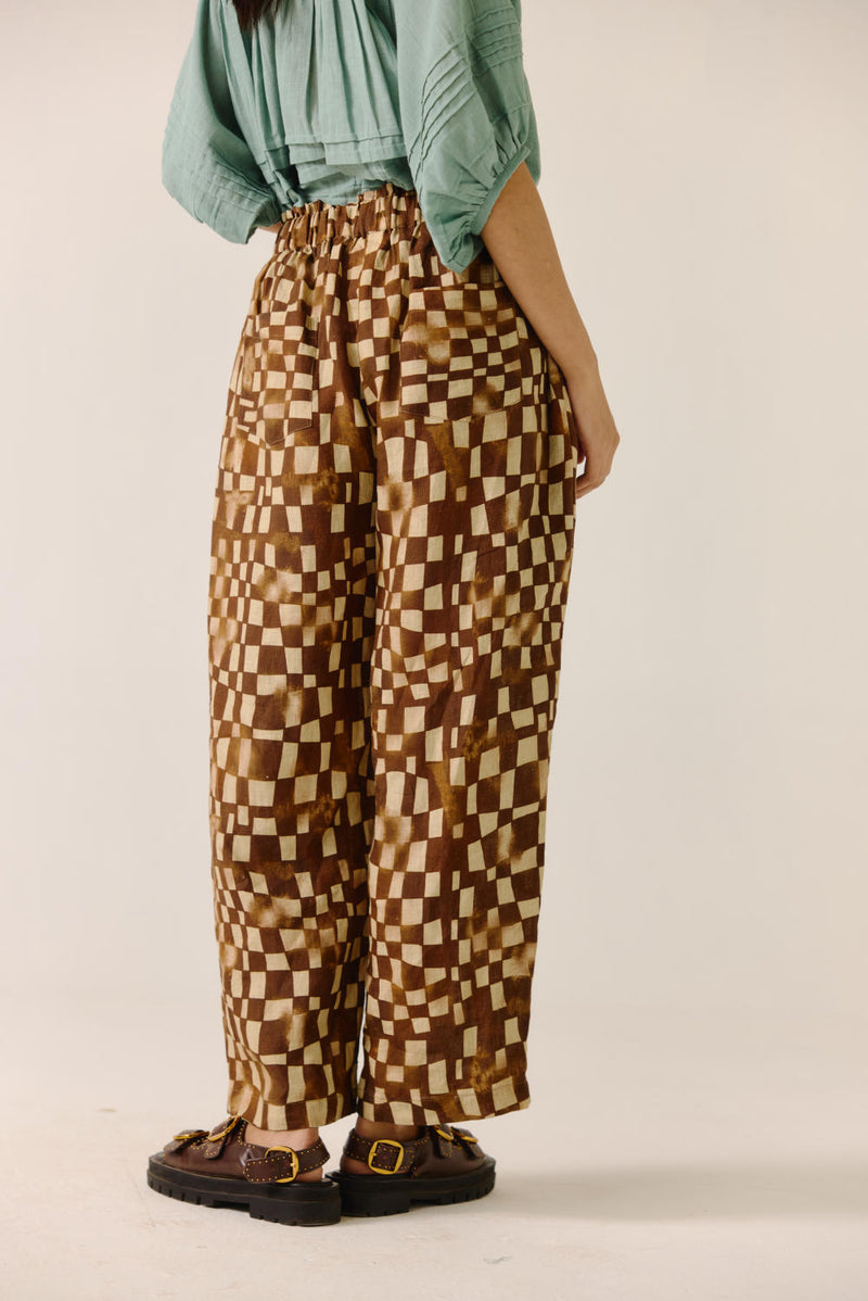 Drawstring Pant-Brown Checks linen by CORD for women in Singapore
