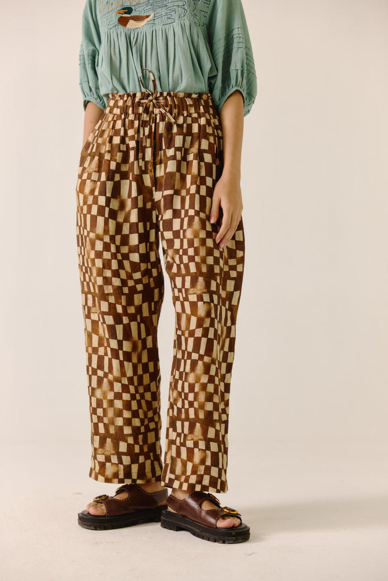 Drawstring Pant-Brown Checks linen by CORD for women in Singapore
