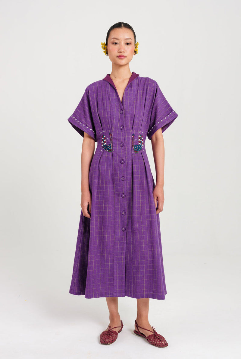 Drift Handloom Midi Dress handwoven cotton dress by JodiLife in purple for women in Singapore
