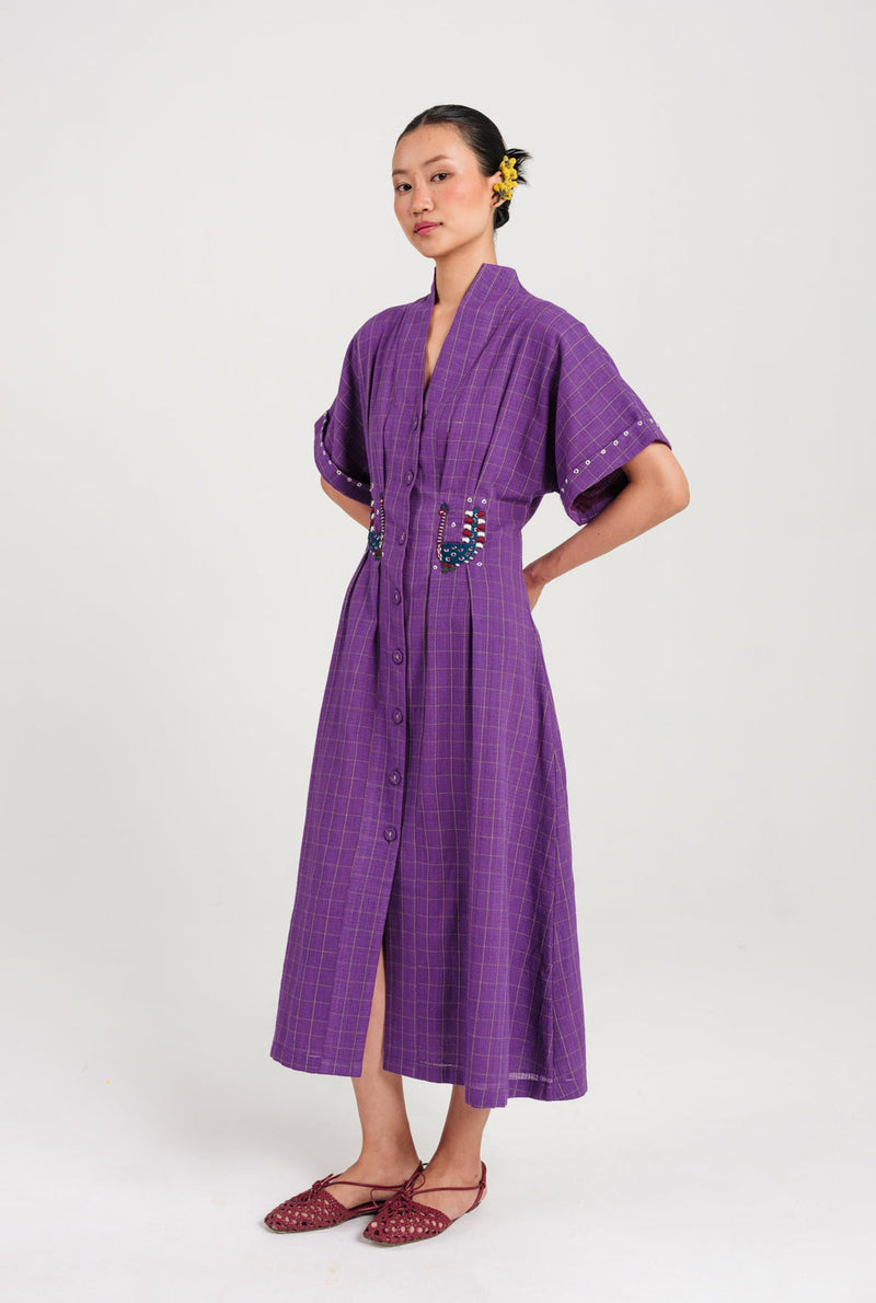 Drift Handloom Midi Dress handwoven cotton dress by JodiLife in purple for women in Singapore