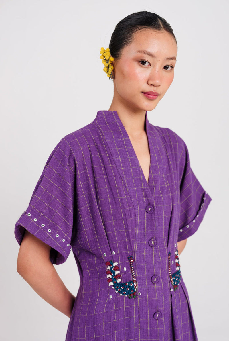 Drift Handloom Midi Dress handwoven cotton dress by JodiLife in purple for women in Singapore