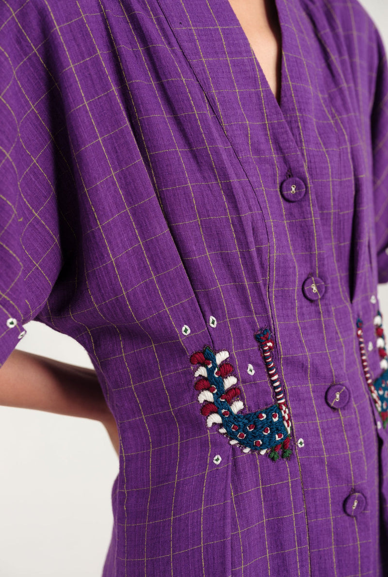Drift Handloom Midi Dress handwoven cotton dress by JodiLife in purple for women in Singapore