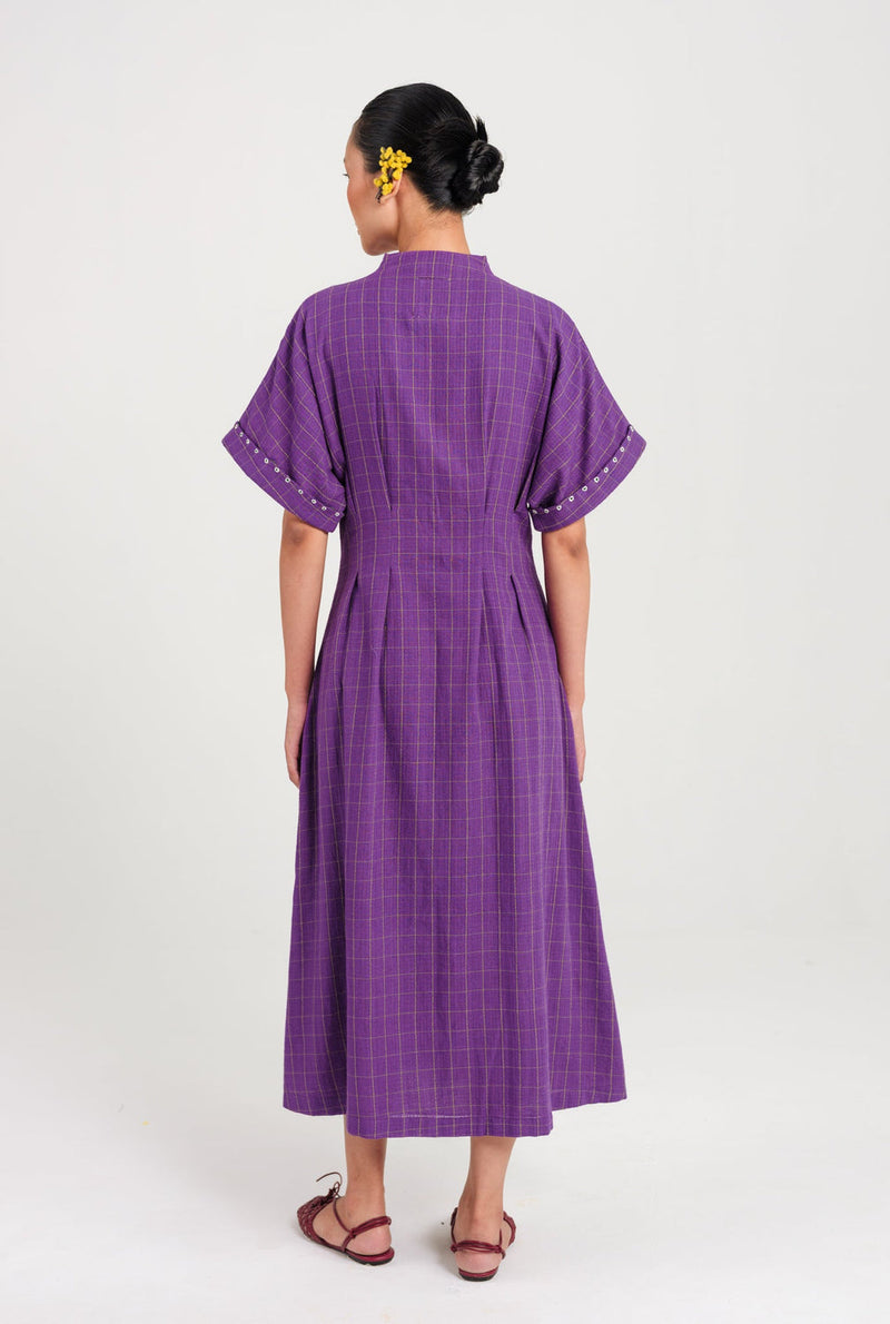 Drift Handloom Midi Dress handwoven cotton dress by JodiLife in purple for women in Singapore