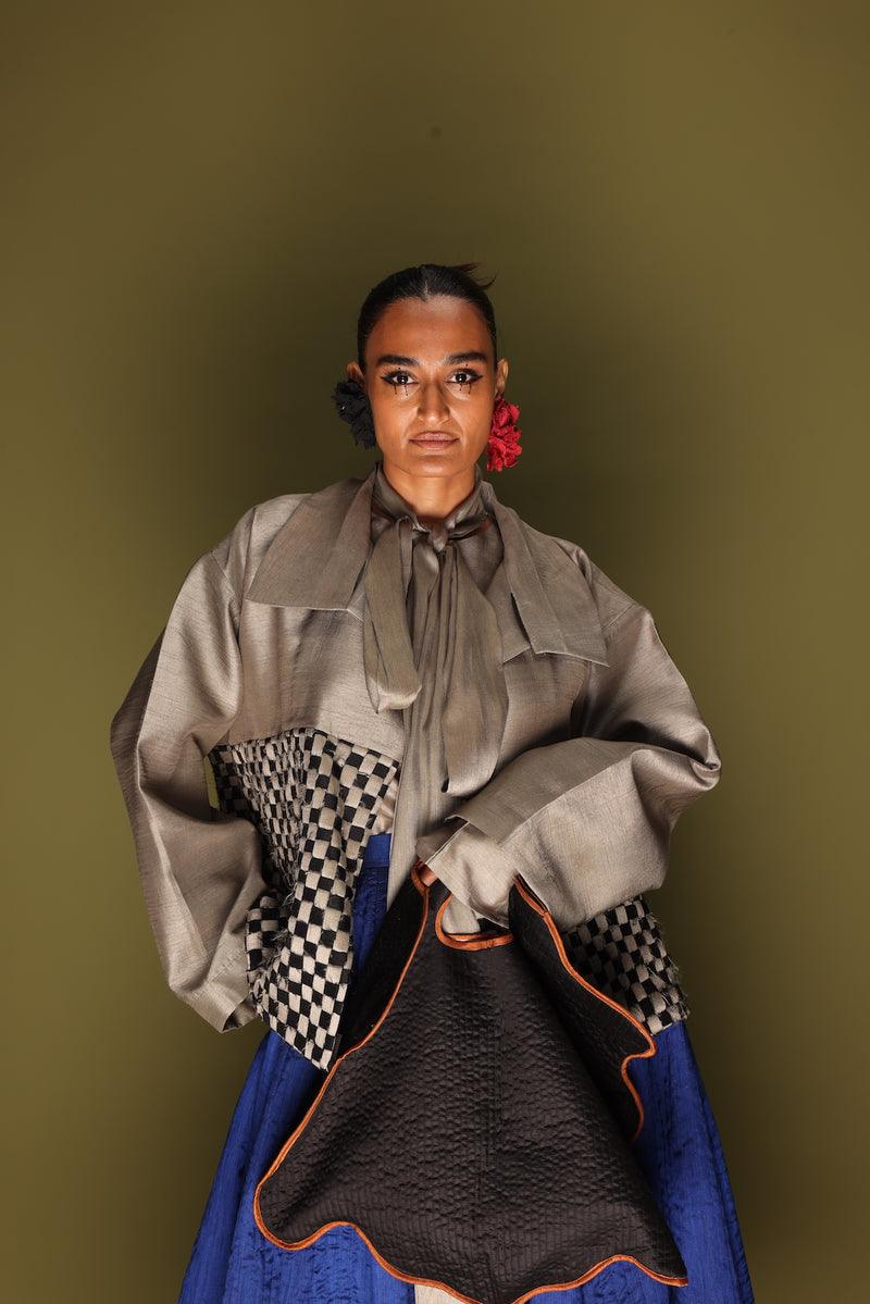 Drift Overlay-Grey + Black mysore silk jackets and overlays by Stoique in grey, black for women in Singapore