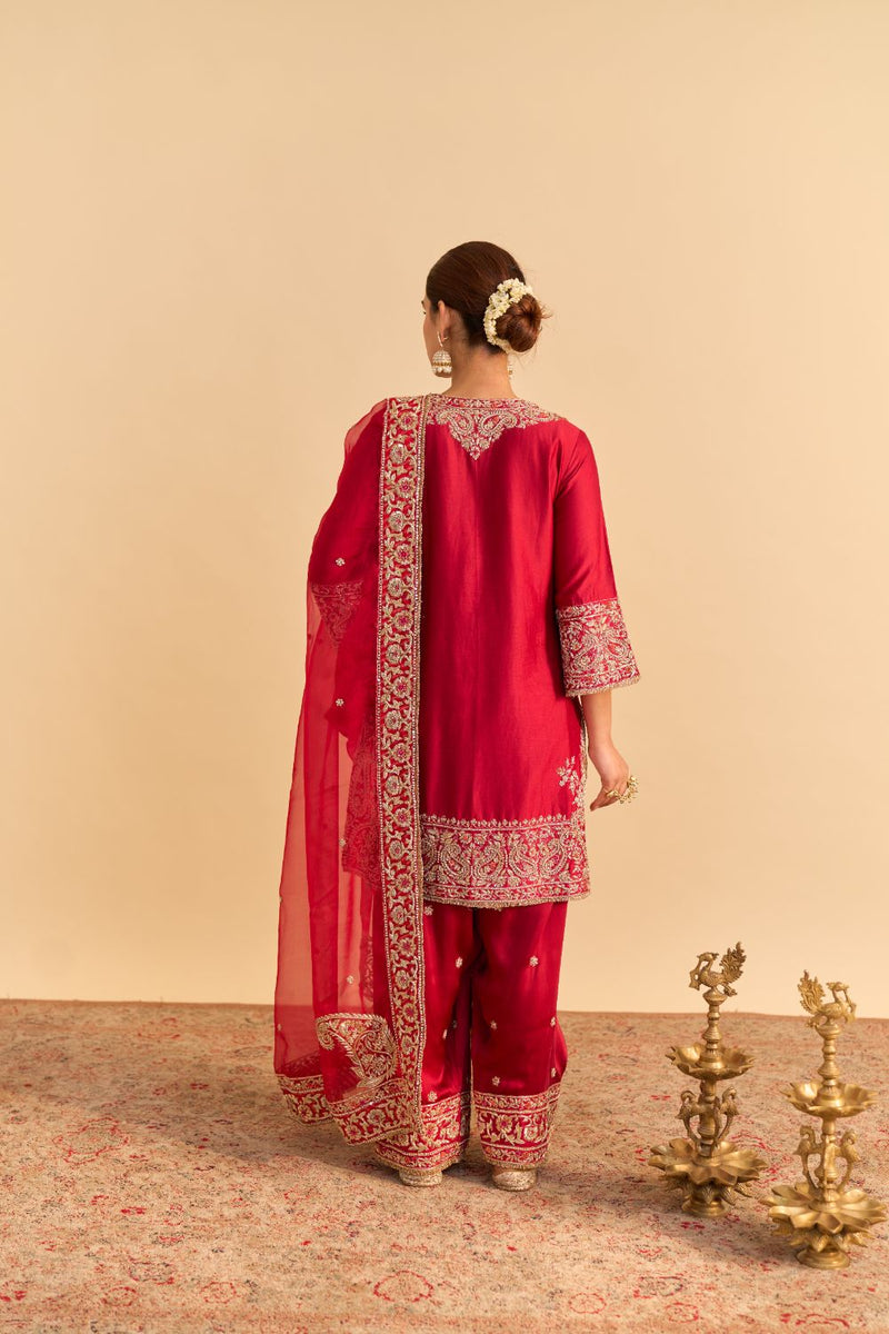 Dua Deep red Dabka Zardozi Embroidered Short kurta Set by SHEETAL BATRA in red color for women in Singapore