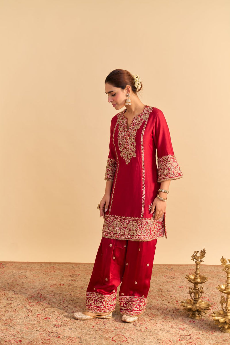 Dua Deep red Dabka Zardozi Embroidered Short kurta Set by SHEETAL BATRA in red color for women in Singapore