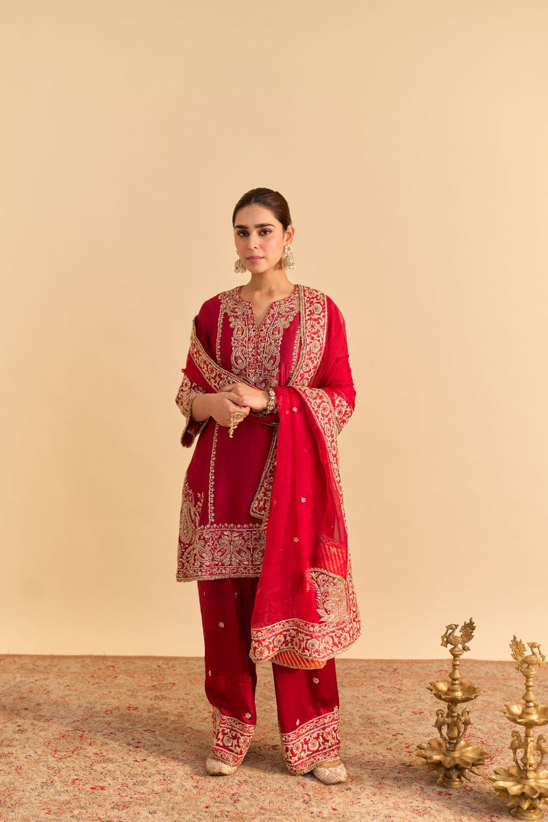 Dua Deep red Dabka Zardozi Embroidered Short kurta Set by SHEETAL BATRA in red color for women in Singapore
