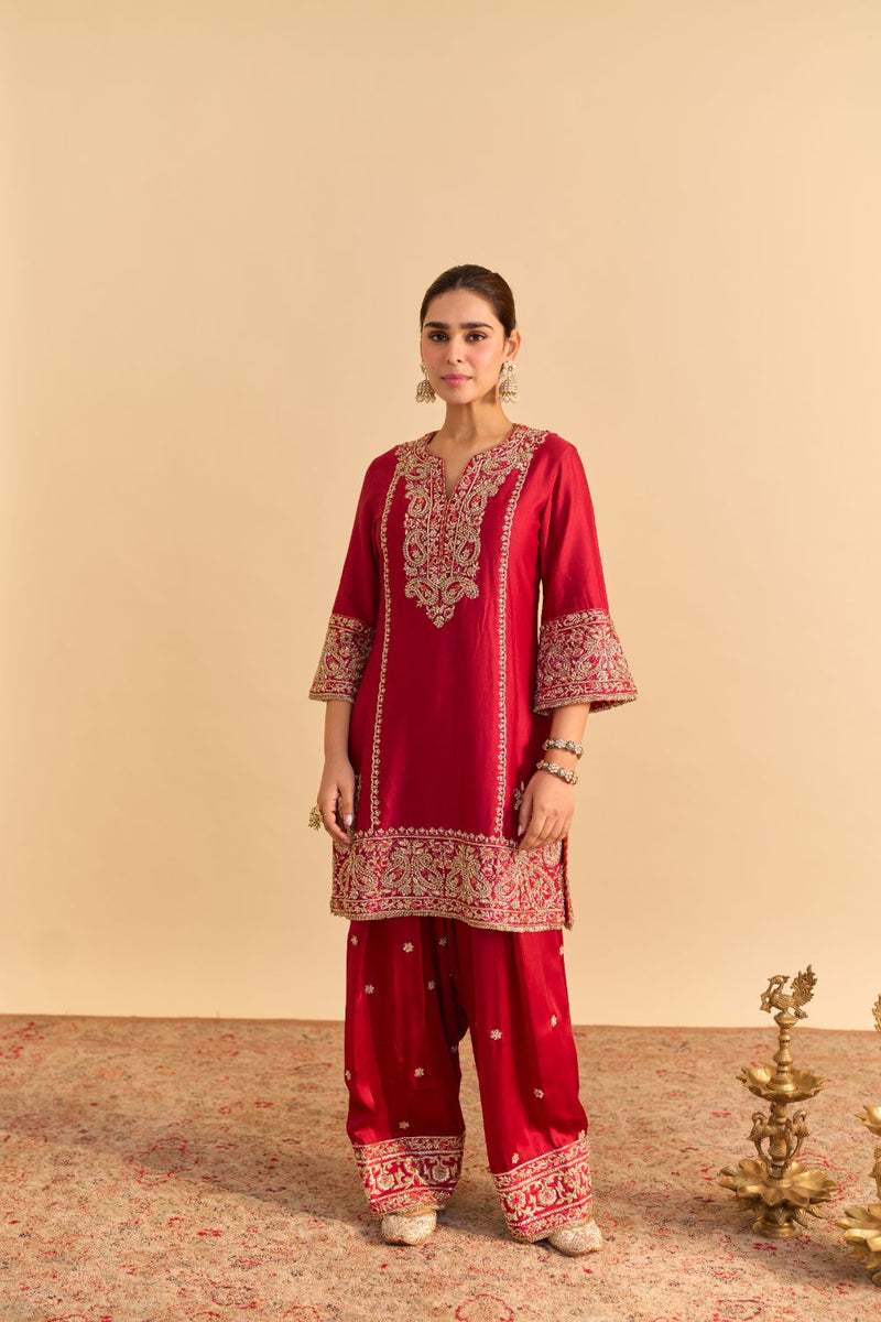 Dua Deep red Dabka Zardozi Embroidered Short kurta Set by SHEETAL BATRA in red color for women in Singapore