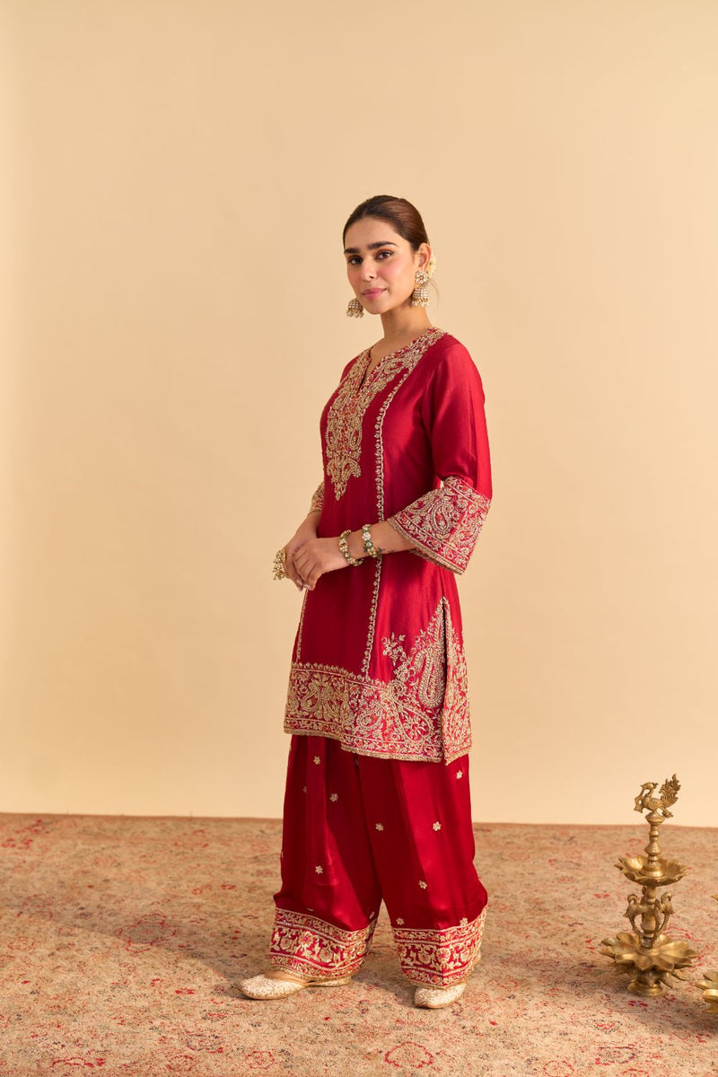 Dua Deep red Dabka Zardozi Embroidered Short kurta Set by SHEETAL BATRA in red color for women in Singapore