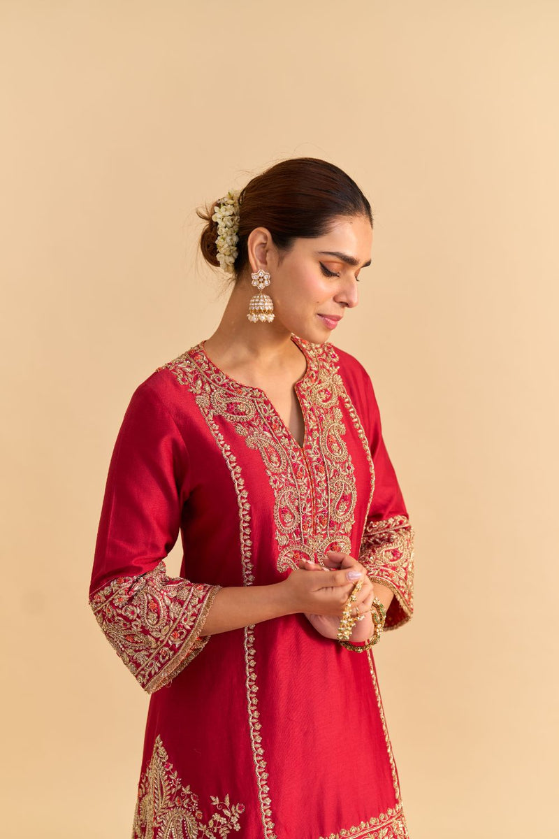 Dua Deep red Dabka Zardozi Embroidered Short kurta Set by SHEETAL BATRA in red color for women in Singapore