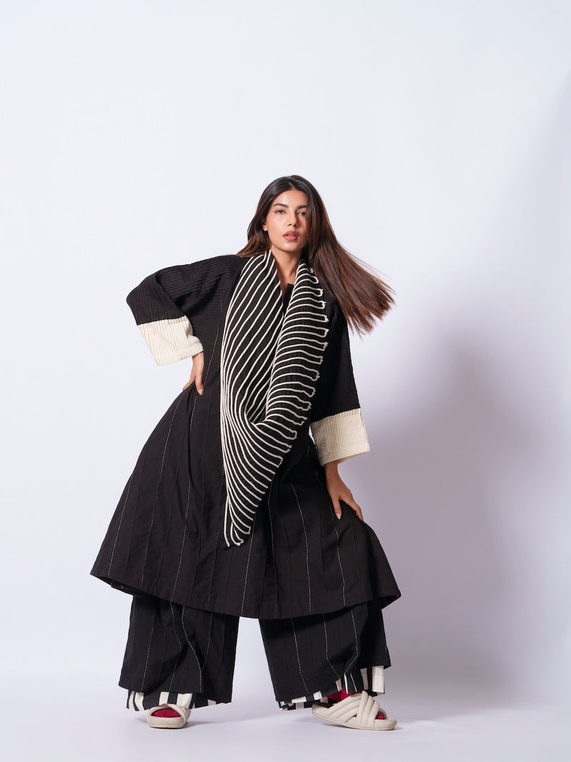 Dune Scarf-Black + Natural cotton matty scarf by Stoique in black, natural for women in Singapore