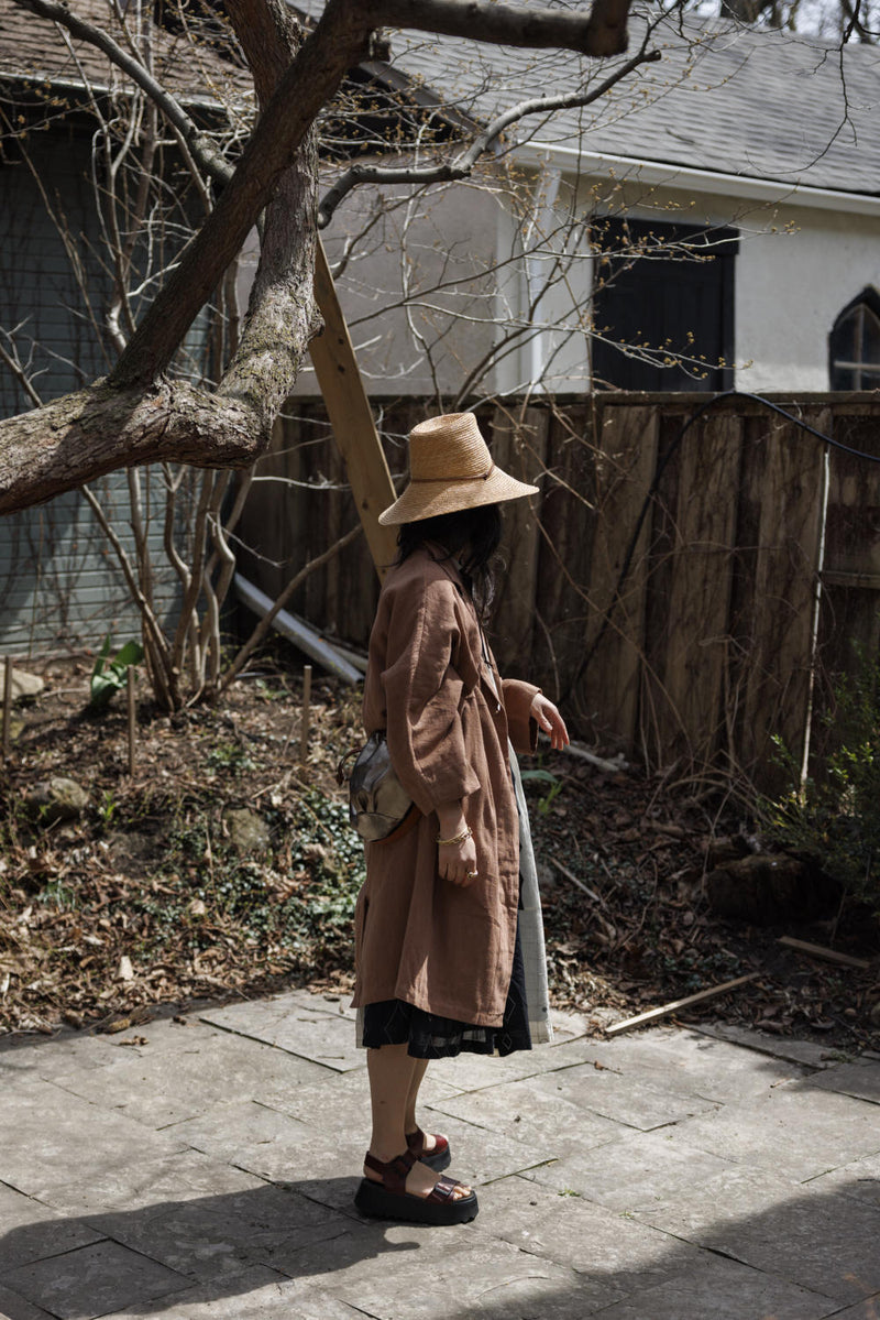 Lightweight Checkered Duster Jacket — Terracotta 100% cotton by World of Crow in beige color for women in Singapore