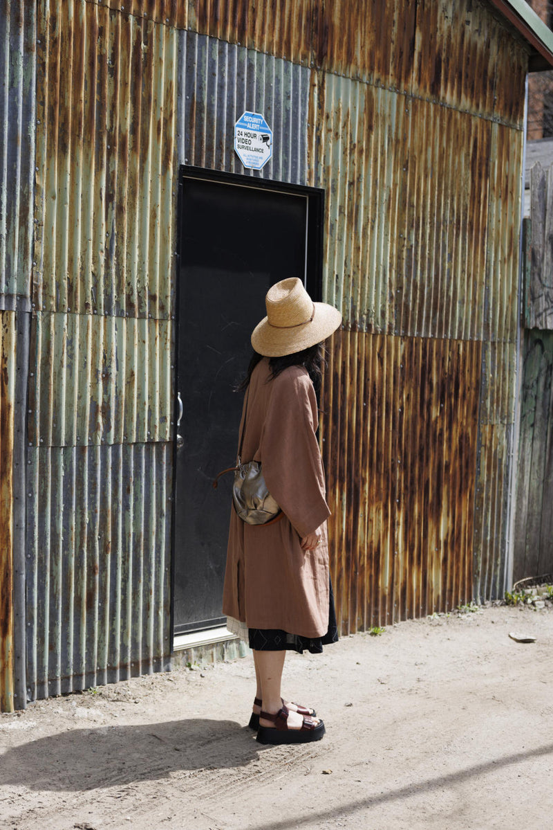 Lightweight Checkered Duster Jacket — Terracotta 100% cotton by World of Crow in beige color for women in Singapore
