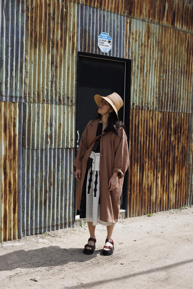 Lightweight Checkered Duster Jacket — Terracotta 100% cotton by World of Crow in beige color for women in Singapore