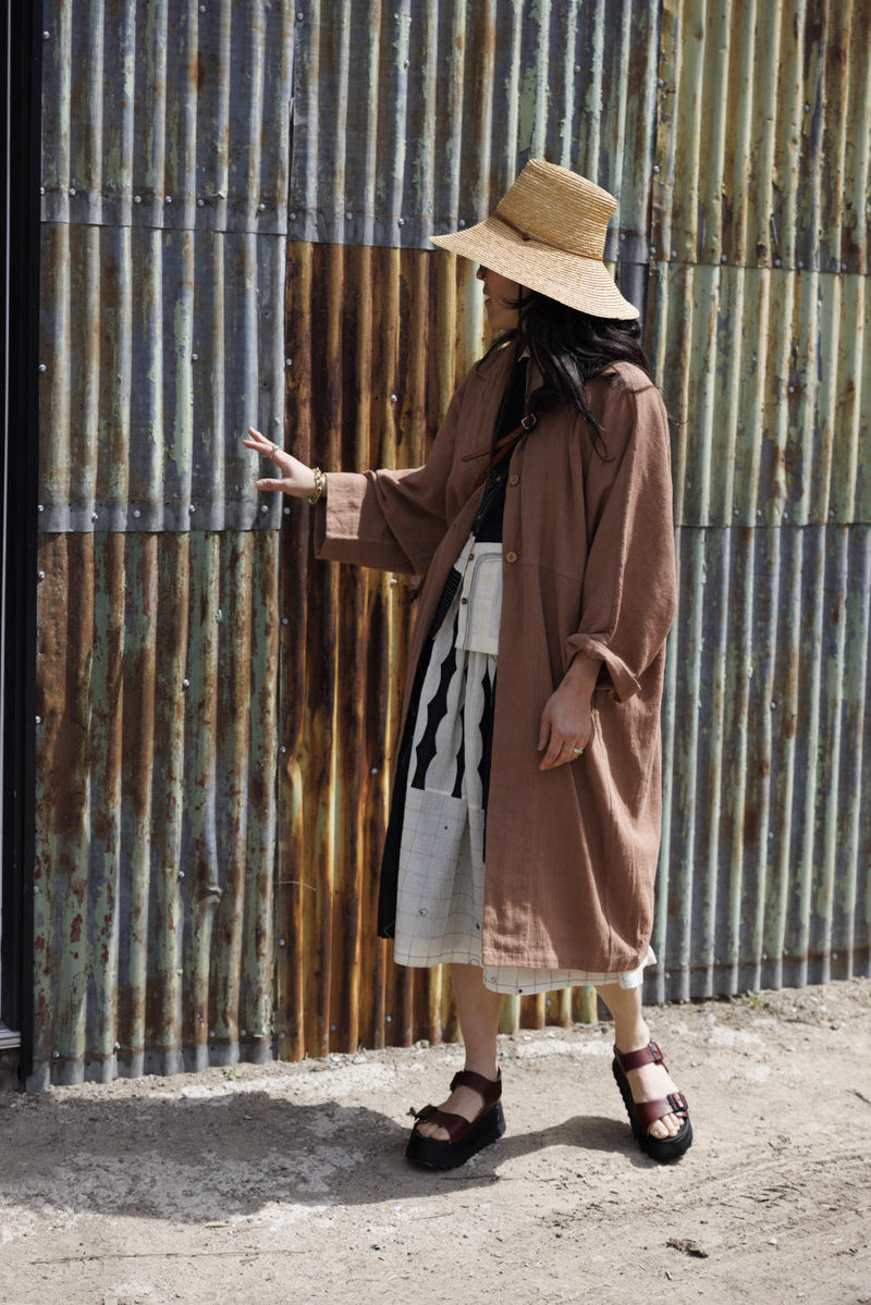 Lightweight Checkered Duster Jacket — Terracotta 100% cotton by World of Crow in beige color for women in Singapore