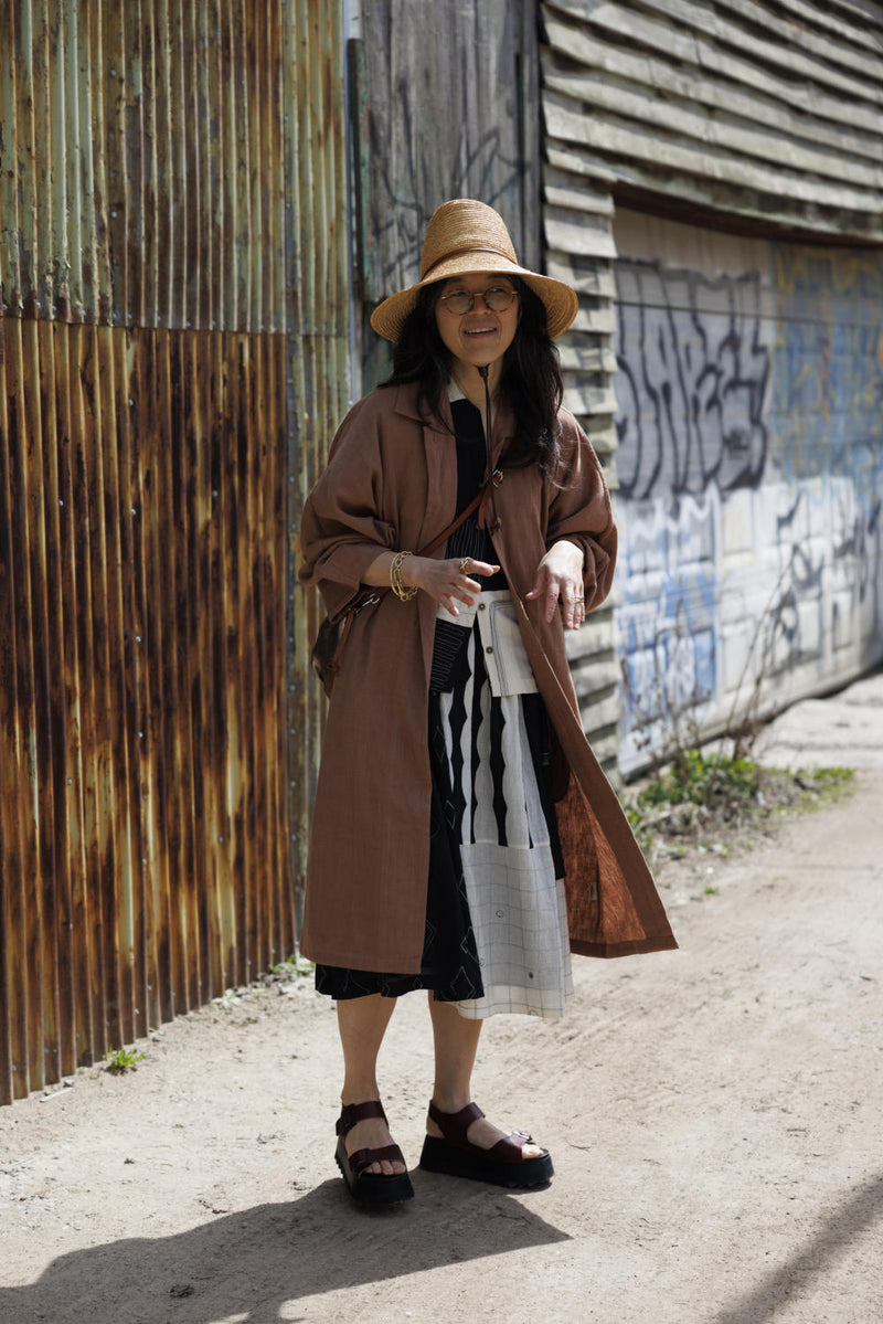 Lightweight Checkered Duster Jacket — Terracotta 100% cotton by World of Crow in beige color for women in Singapore