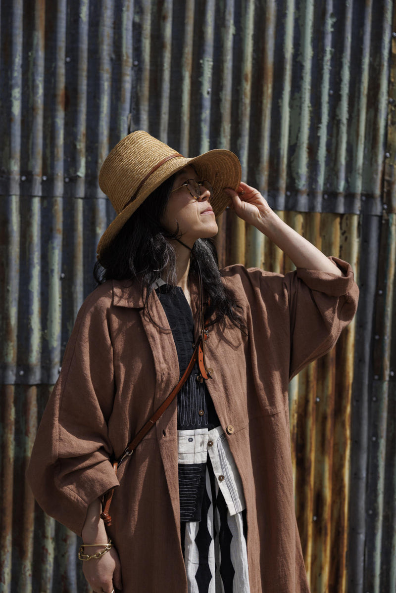 Lightweight Checkered Duster Jacket — Terracotta 100% cotton by World of Crow in beige color for women in Singapore