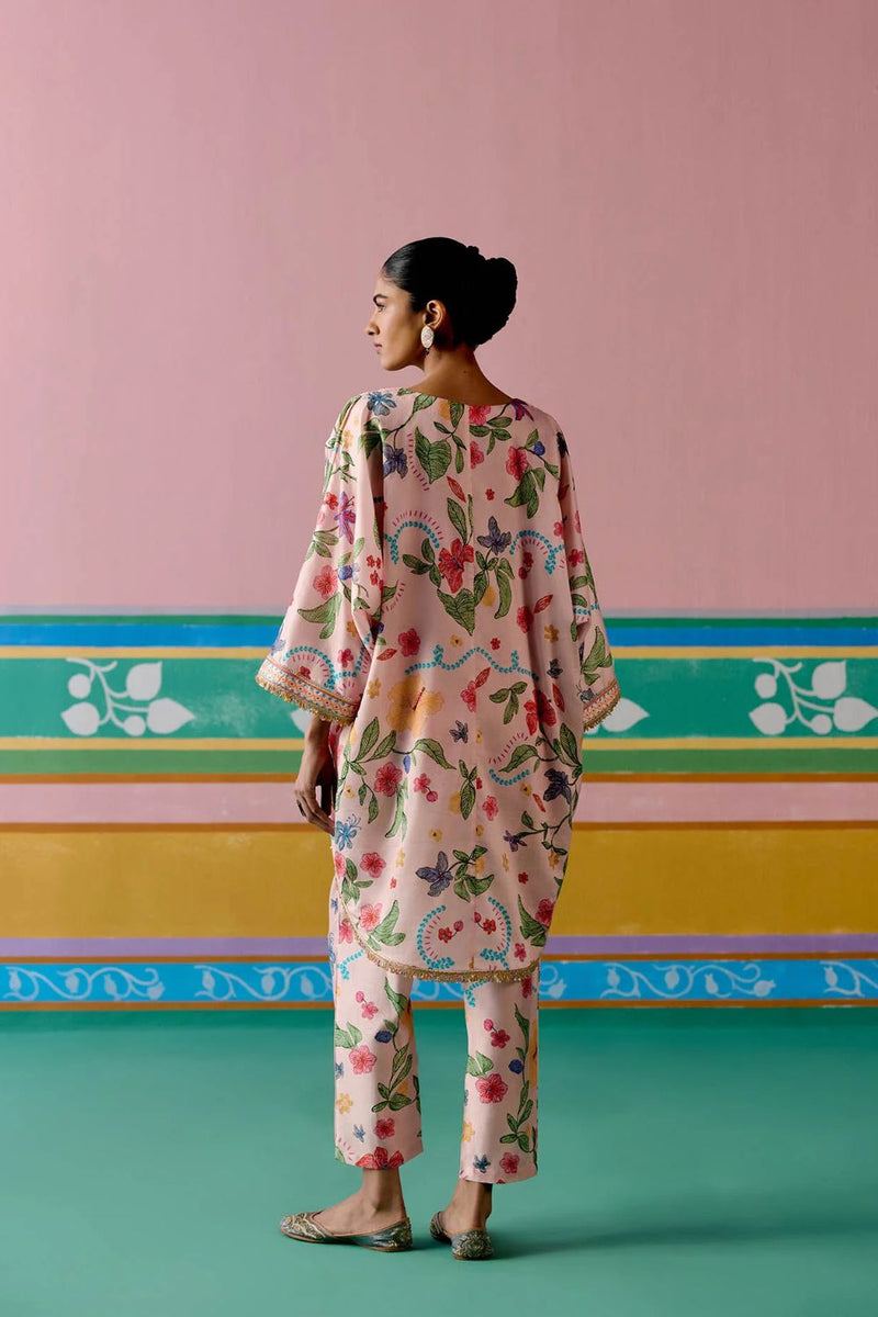 Dusty Pink Floral Kaftan Set (Short) chanderi Buy Dusty Pink Floral Kaftan Set (Short) from C&W | Co-Ord Sets for Women by Label Mogra in pink color for women in Singapore