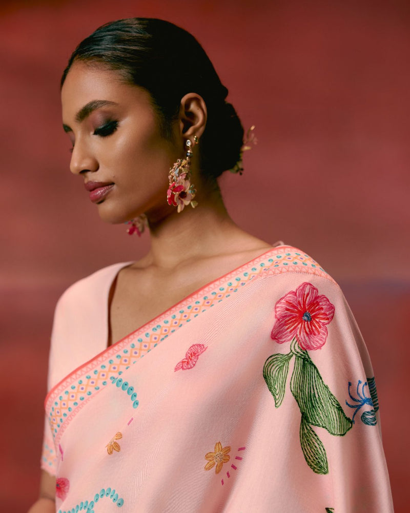 Dusty Pink Floral Saree chanderi Buy Dusty Pink Floral Saree from C&W | Saree for Women by Label Mogra in pink color for women in Singapore