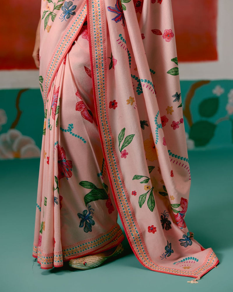 Dusty Pink Floral Saree chanderi Buy Dusty Pink Floral Saree from C&W | Saree for Women by Label Mogra in pink color for women in Singapore