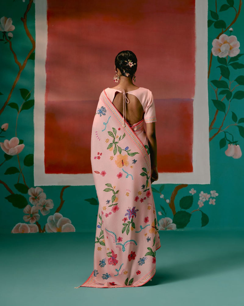 Dusty Pink Floral Saree chanderi Buy Dusty Pink Floral Saree from C&W | Saree for Women by Label Mogra in pink color for women in Singapore