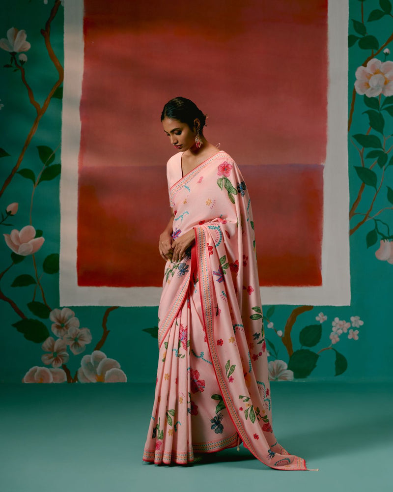 Dusty Pink Floral Saree chanderi Buy Dusty Pink Floral Saree from C&W | Saree for Women by Label Mogra in pink color for women in Singapore