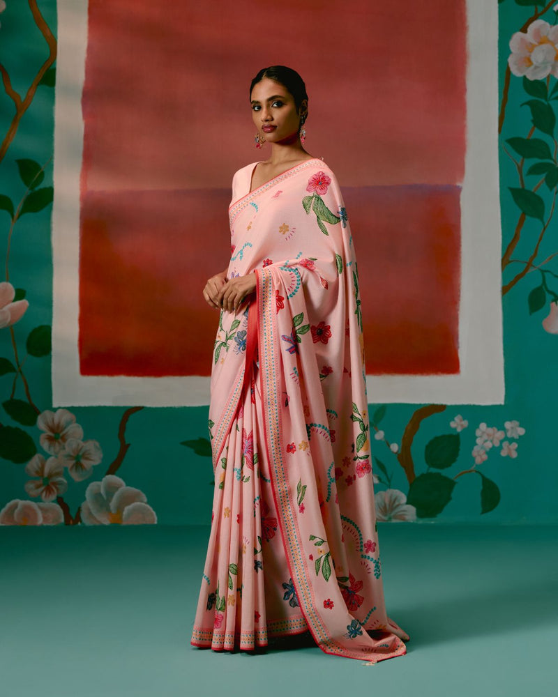 Dusty Pink Floral Saree chanderi Buy Dusty Pink Floral Saree from C&W | Saree for Women by Label Mogra in pink color for women in Singapore