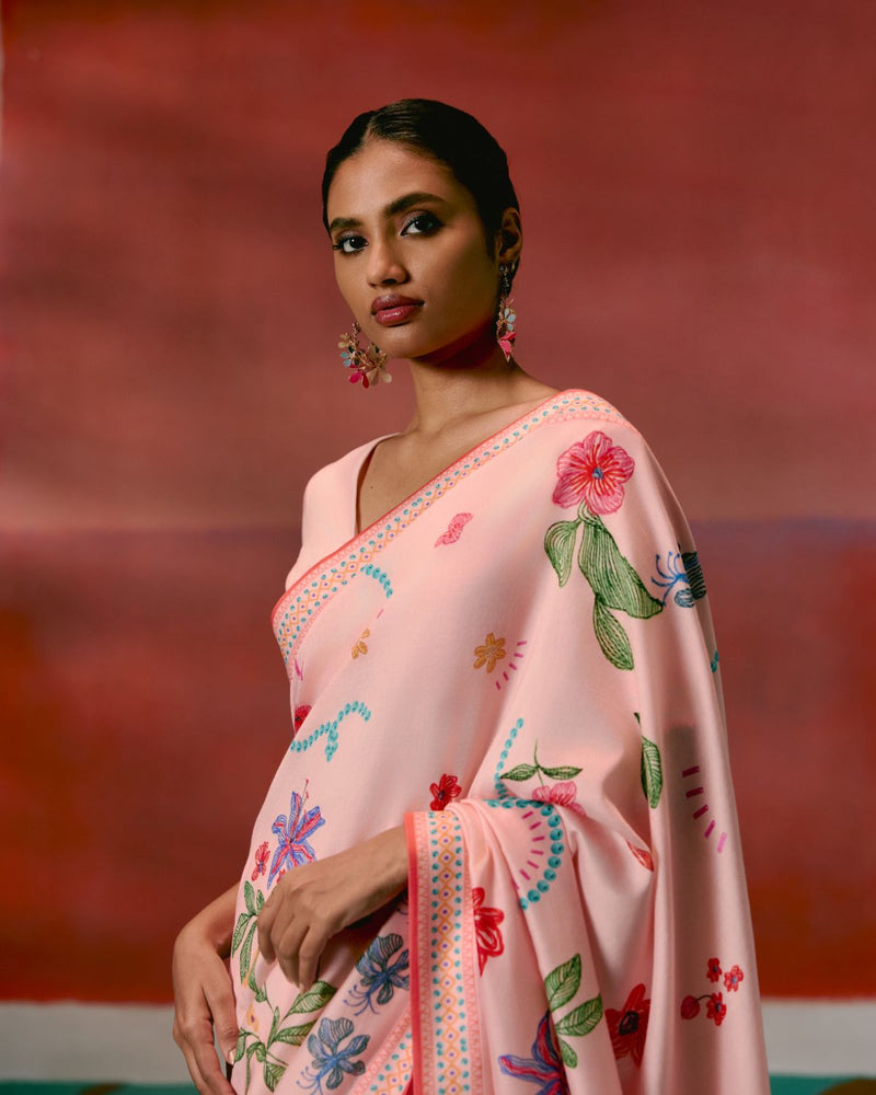 Dusty Pink Floral Saree chanderi Buy Dusty Pink Floral Saree from C&W | Saree for Women by Label Mogra in pink color for women in Singapore