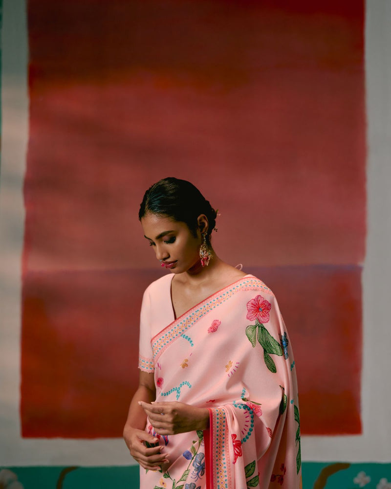 Dusty Pink Floral Saree chanderi Buy Dusty Pink Floral Saree from C&W | Saree for Women by Label Mogra in pink color for women in Singapore