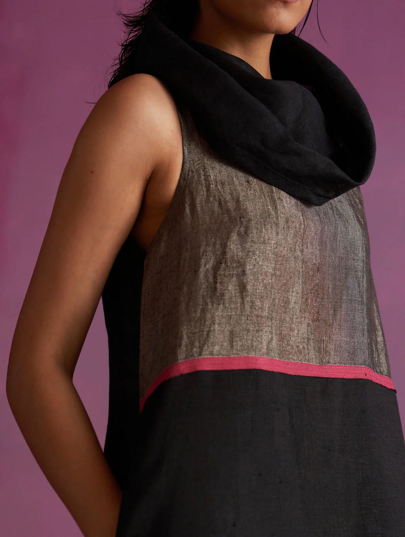 Shira Cowl Neck Dress - Black linen by Manan in black color for women in Singapore